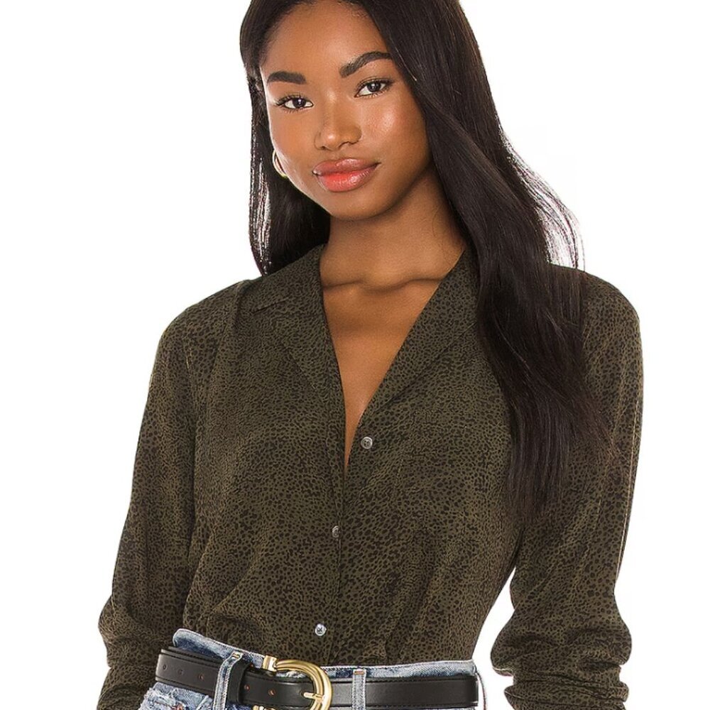 Rails Rebel Print Button Up Blouse, Olive Speckle… - image 2
